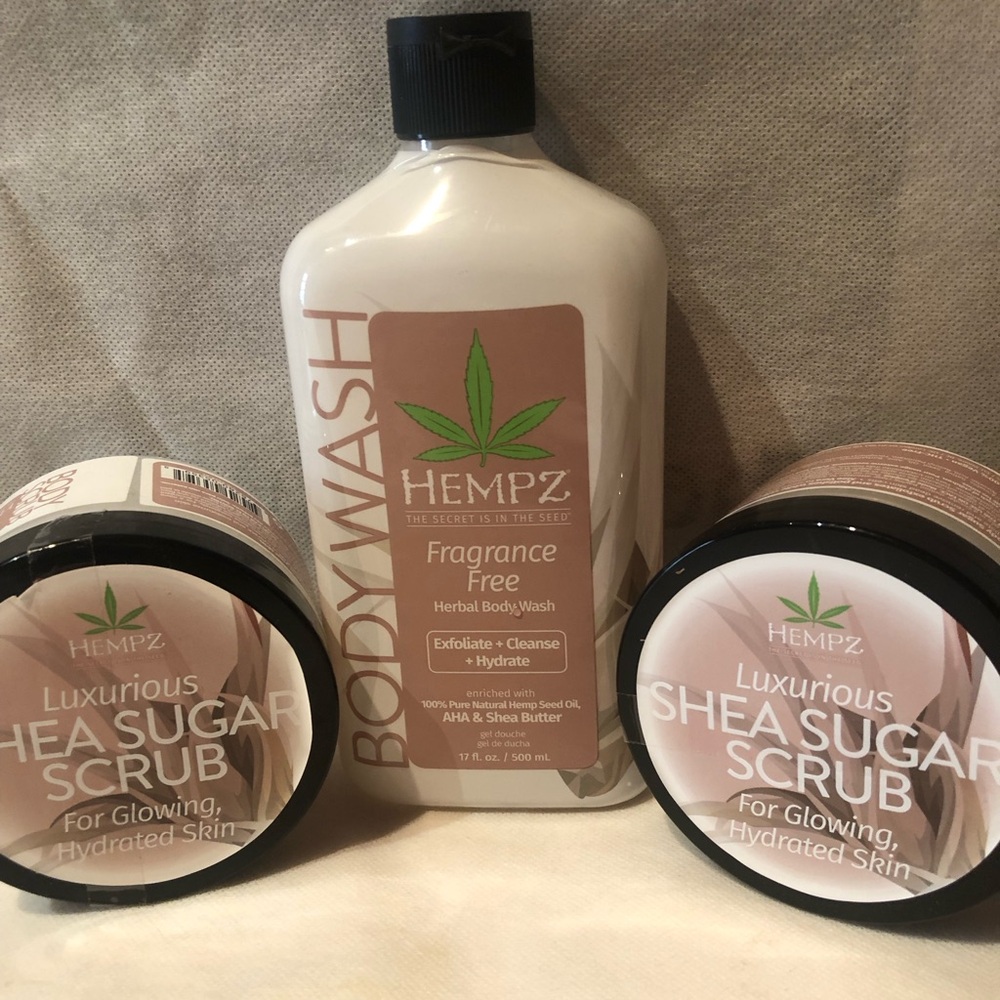 NWT 3 piece Hempz Herbal Shea Butter Body Wash & Luxurious Shea Sugar Scrub set